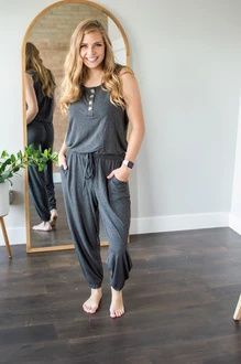 Womens Jumpsuit | Charcoal Front Button Casual Gray Sleeveless Jumpsuits And Rompers, Gray Cotton Jumpsuits And Rompers For Loungewear, Gray Sleeveless Jumpsuits For Loungewear, Gray Sleeveless Jumpsuits And Rompers For Loungewear, Sleeveless Gray Jumpsuits And Rompers For Loungewear, Casual Overall Jumpsuits And Rompers For Loungewear, Casual Loungewear Overalls, Casual Jumpsuits And Rompers With Buttons For Day Out, Summer Everyday Jumpsuits And Rompers Overall