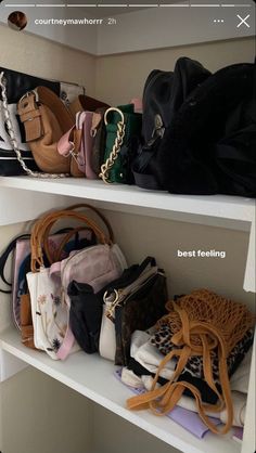 several purses and handbags are on shelves in a room with white shelving