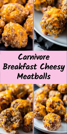 several pictures of cheese covered meatballs on plates with the words carnivor breakfast cheesy meatballs