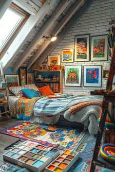 an attic bedroom with lots of art on the walls and floor, as well as a bed