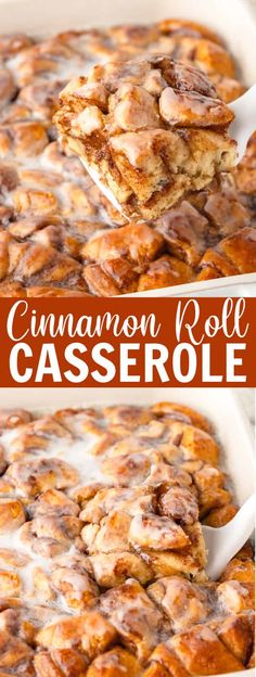 cinnamon roll casserole with icing on top