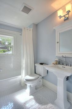 a bathroom with blue walls and white fixtures