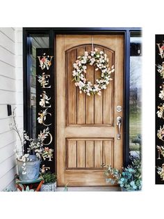 two pictures of the same door with flowers on it and an image of a wreath