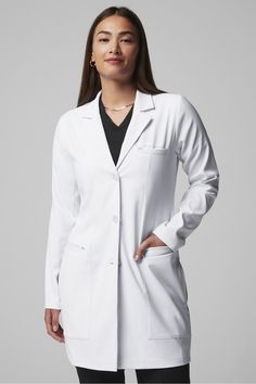 Axis Long Lab Coat Fabletics Classic White female Activewear >> Scrubs >> Lab Coats regular Anti-Static Women's Lab Coats, Women's Lab Coat, Healing Hands Scrubs, Lab Coats, Healing Hands, Professional Wardrobe, Purple Label, White Coat, 4 Way Stretch Fabric