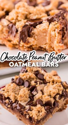 chocolate peanut butter oatmeal bars stacked on top of each other with the words, chocolate peanut butter oatmeal bars