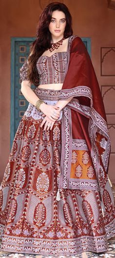 Red and Maroon color Lehenga in Kanjeevaram Silk fabric with Weaving, Zari work Maroon Reception Lehenga, White And Maroon Lehenga, Maroon Silk Lehenga, Crimson Red Lehenga, Maroon And Golden Lehenga, Engagement Reception, Reception Lehenga, Wedding Red, Zari Work