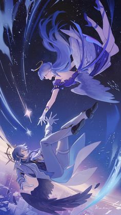 two anime characters flying through the air with their arms around each other in front of a night sky