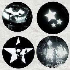 four black and white pictures with stars on them, one is in the middle of three circles