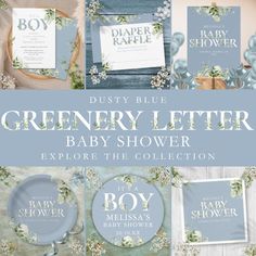 Its A Boy Greenery Dusty Blue Letter Baby Shower Invitation  Zazzle Baby Shower Napkins, Blue Baby Shower, Baby Shower Signs, Party Signs, Create Sign, Cloth Napkins, Dusty Blue