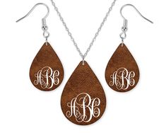 Dark Cracked Leather Design Monogrammed Teardrop Earrings and Necklace Set - Sew Lucky Embroidery Earrings And Necklace Set, Tear Drop Earrings, Earrings And Necklace, Monogram Design, Chain Earrings, Tear Drop, Leather Design, Teardrop Earrings, Necklace Pendant