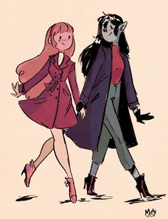 two cartoon characters walking side by side, one wearing a coat and the other in a dress