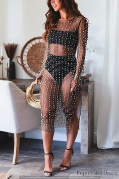 dress to impress-dress to impress outfits Sheer Pearl Dress Outfit, Sheer Dress Outfit Night, Pearl Mesh Dress, Sheer Dresses Outfit, Sheer Midi Dress, Black Mesh Dress, Concert Outfits, Fitted Sleeves, Shape Wear