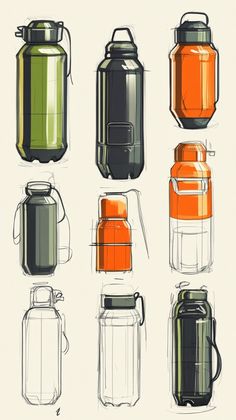 a bunch of different types of containers on a white background with black, orange and green lids