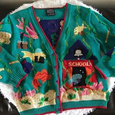 Weird Cardigan, Maximalist Sweater, Funky Cardigans, Maximalist Cardigan, Quirky Sweaters, Silly Clothes, Dream Clothes, Ugly Sweater, Sweater Weather