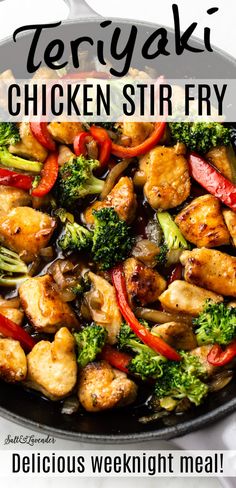 chicken stir fry with broccoli and red peppers in a skillet text reads teriyaki chicken stir fry delicious weeknight meal