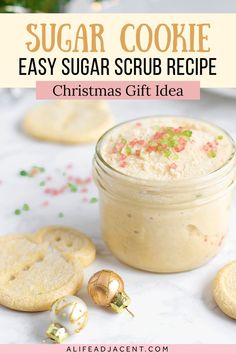 Sugar cookie easy sugar scrub recipe – Christmas gift idea. Sugar Cookie Essential Oil Blend, Sugar Scrub Recipe Easy, Sugar Cookie Sugar Scrub, Cookie Body Scrub, Christmas Sugar Scrubs, Body Scrub Homemade Recipes, Homemade Scrubs, Easy Sugar Scrub, Diy Sugar Scrub Recipe