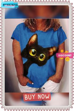 Women's T Shirt Tee White Yellow Blue Animal Cat Print Short Sleeve Daily Vacation Streetwear V Neck Regular Plus Size L Blue Cat Print Tops For Summer, Blue Cat Print Summer Tops, Blue Crew Neck Tops With Character Print, Blue Casual Top With Cat Print, Casual Blue Tops With Cat Print, Casual Blue Cat Print Top, Blue Crew Neck T-shirt With Cat Design, Funny Blue Crew Neck Top, Funny Cat Print Short Sleeve Tops