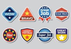 various badges and stickers with the words great job