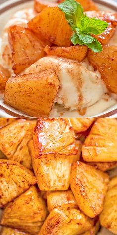 two plates filled with potatoes covered in sauce and garnished with fresh mint leaves