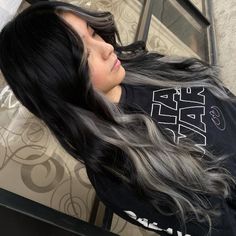 Long Black and Gray Butterfly Hairstyle Black Hair With Gray Streaks, Black With Gray Underneath Hair, Ash Blonde Underneath Black Hair, Dark Brown Hair With Grey Peekaboo, Black Hair With Grey Peekaboo, Gray Hair Underneath, Unique Hair Highlights, Black And Silver Hair Ideas, Black Hair With Silver Underneath