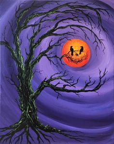 a painting of two birds sitting on a tree branch with the moon in the background