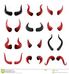 a set of red and black horns with long tail like hair on white background for use in graphic design