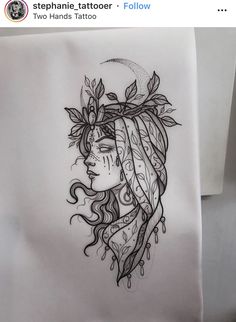 a drawing of a woman's face with leaves on her head and the moon behind it