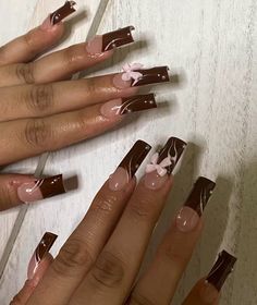 Pink And Brown Nails Acrylic, Low French Tip Nails, Brown French Tip Nails, Colored Acrylic Nails, Glow Nails, Nail Idea, Tip Nails, Unique Acrylic Nails