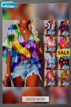 Women's V-neck Batwing Sleeve Digital Printing Blouses Summer Bohemian V-neck Blouse, Multicolor Split Neck Top For Spring, Summer Split Neck Tops, V-neck Beach Blouse, Summer Vacation V-neck Top, V-neck Blouse For Beach, Multicolor V-neck Top For Spring, Spring Multicolor V-neck Blouse, Multicolor Split Neck Summer Top