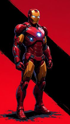 an iron man standing in front of a red background