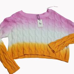 New With Tags - Sincerely Jules Ombre Pink-Orange Cropped Cable Knit Sweater. A Sweater So Stylish It’ll Make Your Other Clothes Question Their Worth. This Ombre Beauty Is Here To Brighten Your Wardrobe And Your Mood. Cable Knit Design Cropped Fit Soft, Cozy Material Ombre Pink To Orange Gradient Long Sleeves Crew Neckline 100% Cotton Size M Underarm To Underarm:: 21 In Length: 18 In Size: Womens M Condition: New With Tags Orange And Pink Sweater, Spring Orange Knitted Sweater, Orange Knitted Spring Sweater, Pink Hand-knitted Acrylic Sweater, Orange Soft Knit Long Sleeve Sweater, Cropped Cable Knit Sweater, Bell Sleeve Sweater, Long Sleeve Knit Sweaters, Crochet Shirt