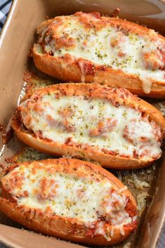 baked bread with cheese and sauce in a baking dish