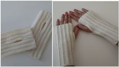 two pictures of hands with white knitted gloves