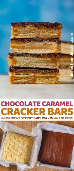 chocolate caramel cracker bars are stacked on top of each other and ready to be eaten