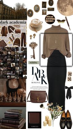 Dark Neutral Outfit Ideas, Dark Academia Runway, Dark Academia For Older Women, Chic Academia Fashion, Glam Academia Aesthetic, Dark Academia Trousers Outfit, Dark Academia Aesthetic Outfit Long Skirt, Dark Academia For Plus Size, Style Inspiration Dark Academia