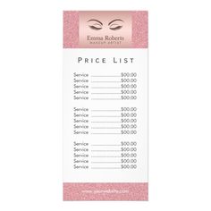 a price list with pink glitter on the bottom and eyelashes above it, in front of a white background