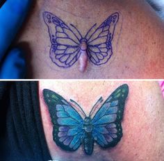 two different pictures of the same tattoo on someone's back and shoulder, one with a blue butterfly on it