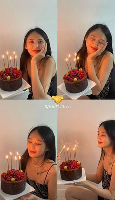 a woman sitting in front of a cake with candles on it