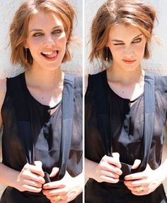 two pictures of a woman with short hair and wearing a black top, smiling at the camera