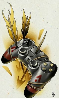 a drawing of a video game controller with feathers on it