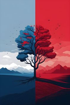 two trees with red, blue and grey colors in the background are shown on separate panels