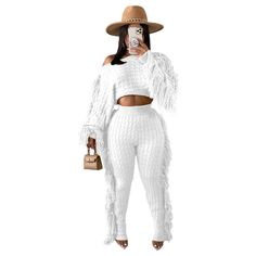 Solid Tassel Sweater Crop Top and Pants Set Casual White Bottoms With Fringe, Crop Top And Pants Set, Crop Top And Pants, Tassel Sweater, Club Outfits For Women, Sweater Crop, Top And Pants Set, Crop Top Sweater, Club Outfits