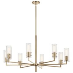 a large chandelier with glass shades on the bottom and bottom tiers, hanging from