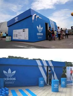 two pictures side by side with people standing outside and in front of a blue building