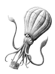 an octopus is flying with a hot air balloon in its mouth, and the tail has been