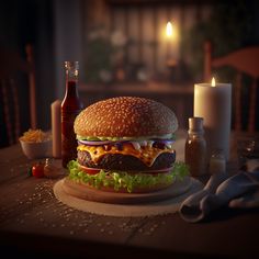 a hamburger sitting on top of a wooden table next to a candle and some condiments