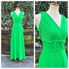 An elegant 1970s bright green maxi dress, featuring a deep V front and back. It has a little bow at the waist and a full flowy skirt. It zips up the back and has a hook at the top. I've washed this dress, and it's ready to wear!  It's in excellent vintage condition. Along with its tag, the last photo block shows a dot and pick in the skirt.  Measurements  Bust: 33-35 inches  Waist: 26-27 inches  Hips: open  Bodice length: 16 inches  Skirt length: 41 inches  From a smoke and pet free home. I ship 70s Prom Dress, 70s Prom, Maxi Dress 70s, Green Maxi Dress, Skirt Measurements, Dress 70s, 70s Outfits, Goddess Dress, 70s Disco