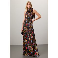 Black floral (100% Polyester). Gown. Sleeveless. Halter neck. Side zipper closure. 60" from shoulder to hemline. Imported. Rent The Runway, Flowing Skirt, Minimal Jewelry, Closet Designs, Center Stage, Black Print, Halter Neck, Black Floral, Side Zipper