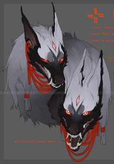 two wolf like creatures with red eyes and fangs on their faces, one is black and the other is white