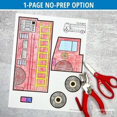 a paper cut out of a fire truck with scissors and tape